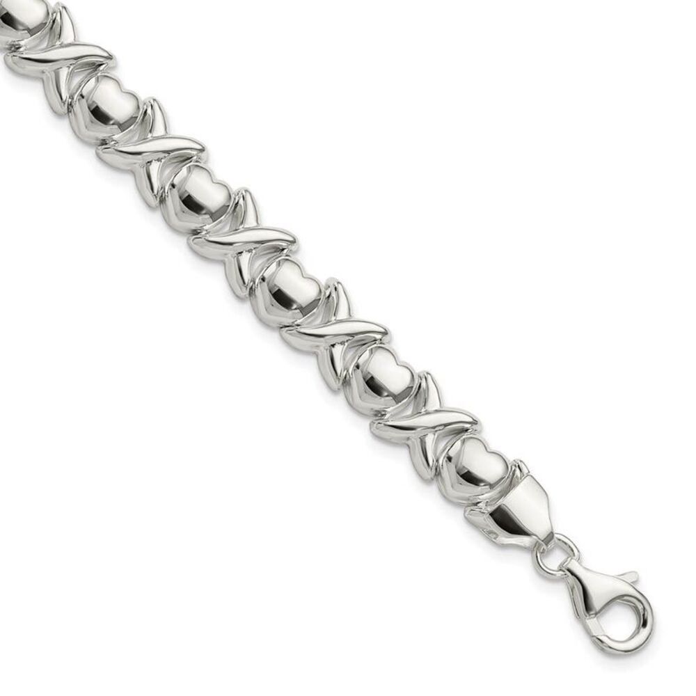 9mm Sterling Silver Polished X and Heart Link 8 Inch Bracelet